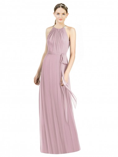 Shirred Halter Neck Long Chiffon Bridesmaid Dress Brisbane