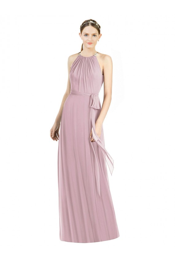 Shirred Halter Neck Long Chiffon Bridesmaid Dress Brisbane