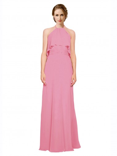 Ruffle Halter Neck A-Line Chiffon Bridesmaid Dress with Open Back Brisbane