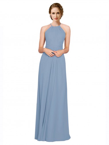 Pleated Halter Neckline A-Line Chiffon Bridesmaid with Criss Cross Back Brisbane