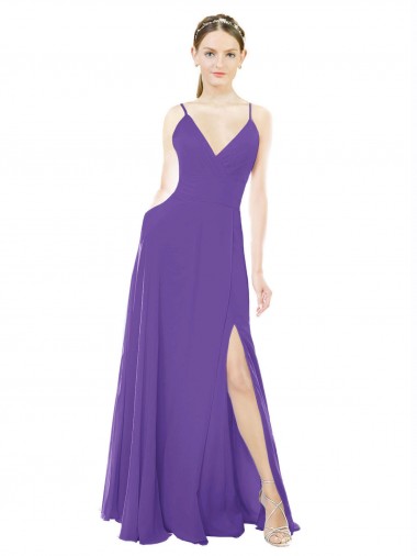 Long Chiffon A-Line Bridesmaid Dress with Deep V-Neckline and Side Slit Brisbane
