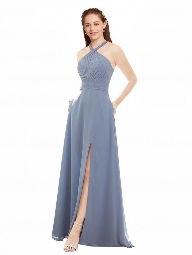 High Neck Chiffon Bridesmaid Dress with Draped Bodice Brisbane