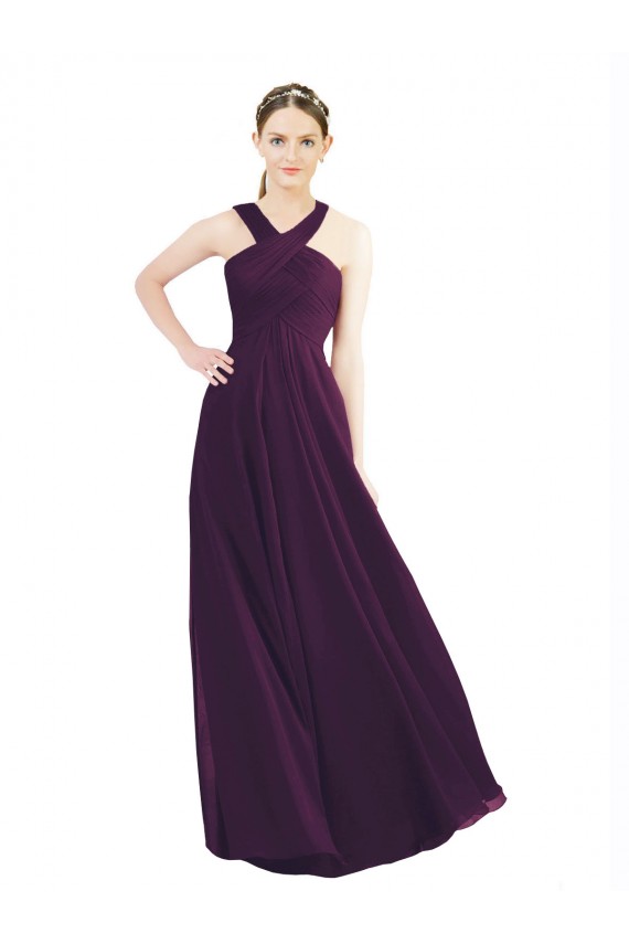 Draped Long Chiffon Bridesmaid Dress with Unique Crossed Neckline Brisbane