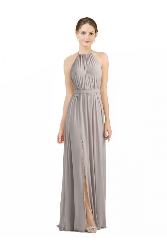 Backless Halter Chiffon Bridesmaid Dress with Front Slit and Tie Open Back Brisbane