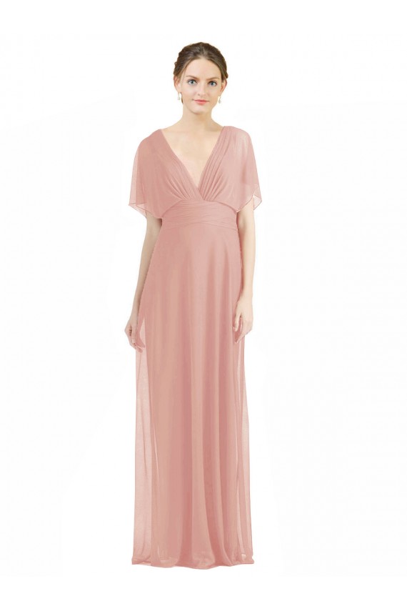 Draped Short Sleeves Long Chiffon A-Line Bridesmaid Dress Brisbane