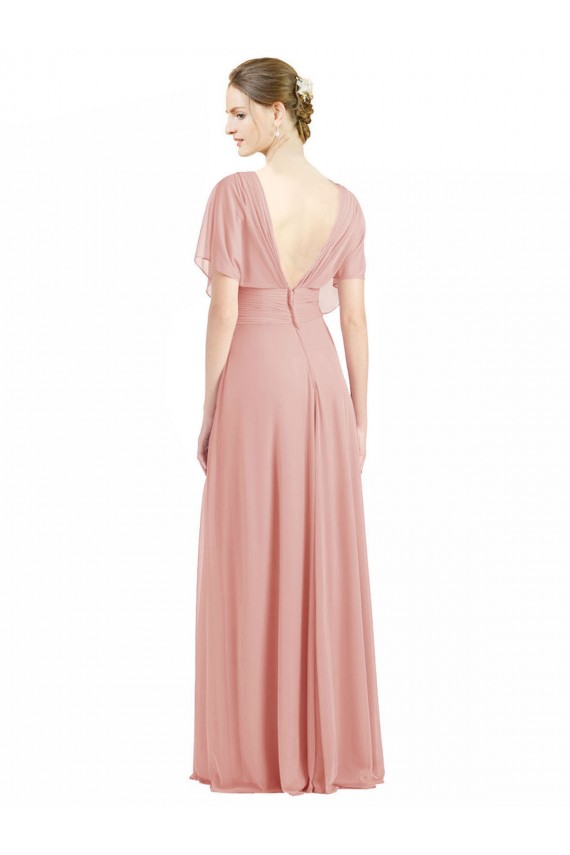Draped Short Sleeves Long Chiffon A-Line Bridesmaid Dress Brisbane