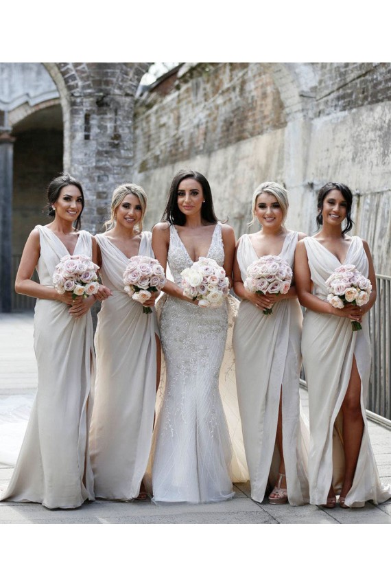 Chiffon Long Champagne Evening Dress with Sexy High Slit and Front Ruffles Brisbane