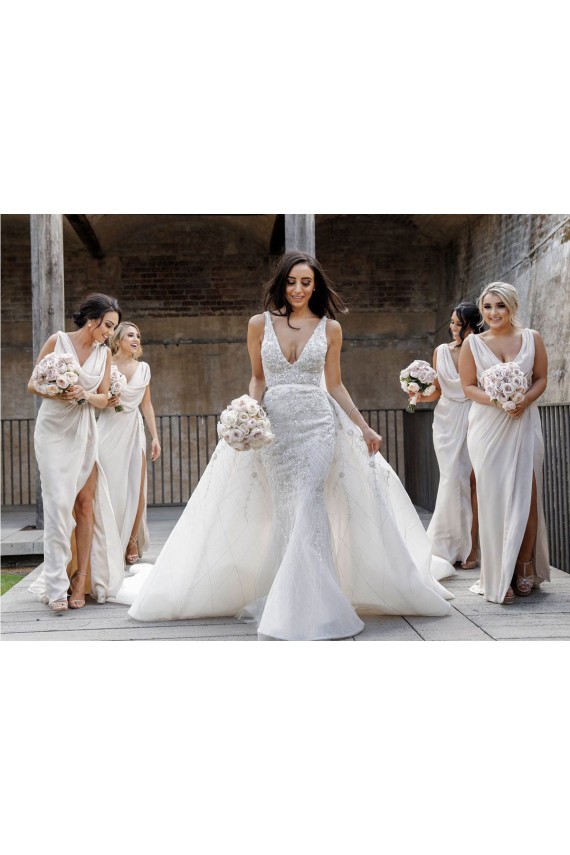 Chiffon Long Champagne Evening Dress with Sexy High Slit and Front Ruffles Brisbane