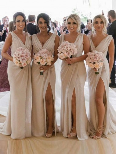 Chiffon Long Champagne Evening Dress with Sexy High Slit and Front Ruffles Brisbane