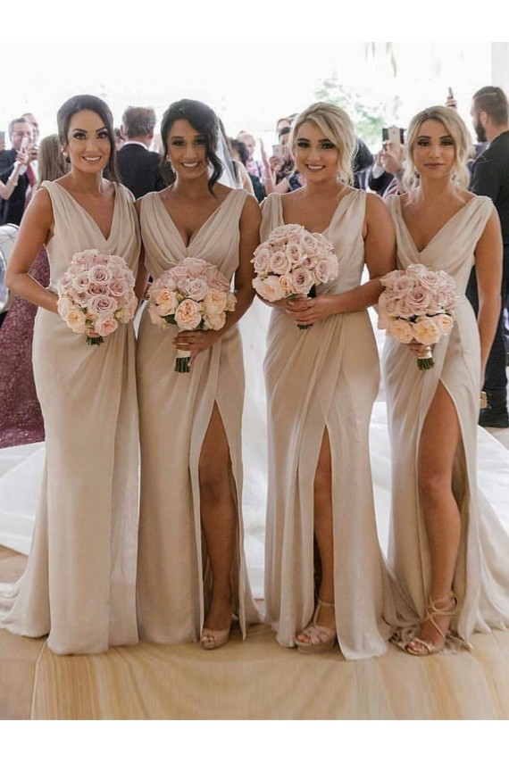 Chiffon Long Champagne Evening Dress with Sexy High Slit and Front Ruffles Brisbane
