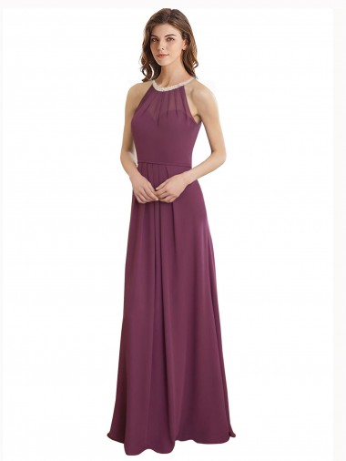 High Neckline Long Chiffon Bridesmaid Dress with Beaded Trim Brisbane