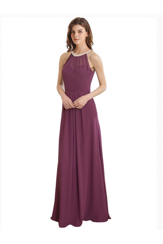 High Neckline Long Chiffon Bridesmaid Dress with Beaded Trim Brisbane