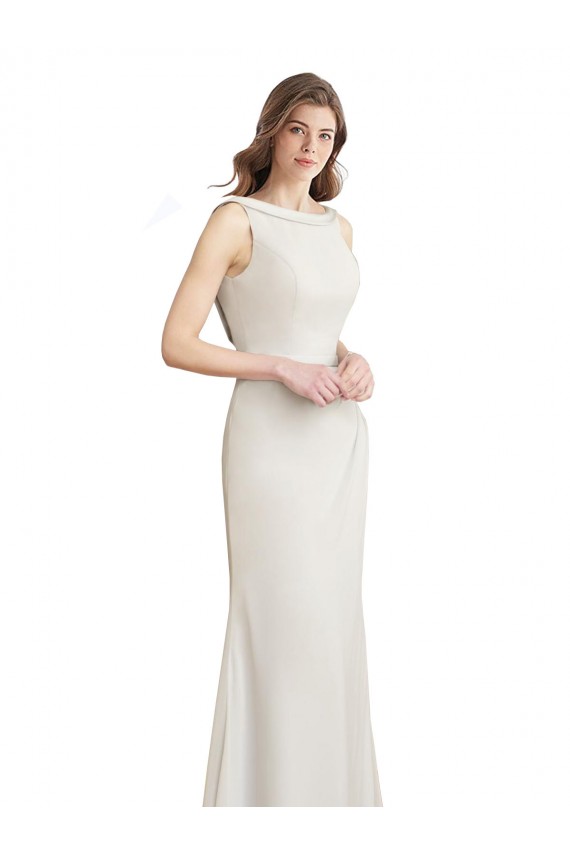 Long Chiffon Bridesmaid Dress with Boat Neckline and Satin Collar Brisbane