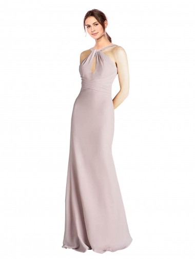 Long Slim Chiffon Bridesmaid Dress with Ruffled Waist and Keyhole Brisbane