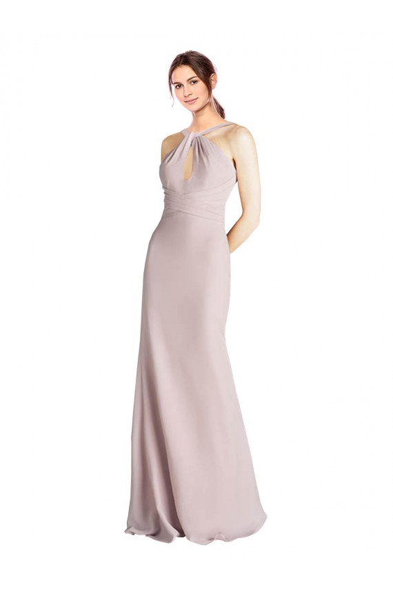 Long Slim Chiffon Bridesmaid Dress with Ruffled Waist and Keyhole Brisbane