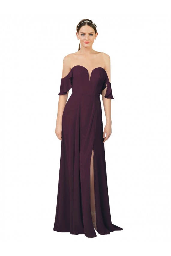 Romantic Off-Shoulder Chiffon Bridesmaid Dress with Plunging V-Neck Brisbane