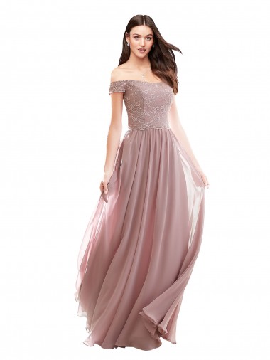 Floor Length Chantilly Lace Off the Shoulder Chiffon Bridesmaid Dress Brisbane