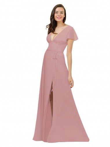 Flutter Sleeves Short Chiffon Bridesmaid Dress with Tie Belt Brisbane