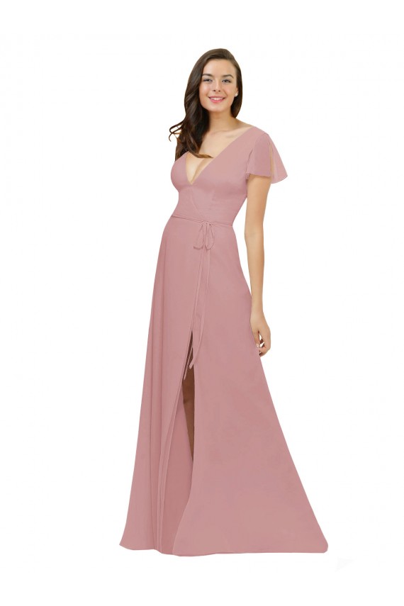 Flutter Sleeves Short Chiffon Bridesmaid Dress with Tie Belt Brisbane