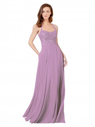 Floral Detailed Chiffon Bridesmaid Dress with Keyhole Back Brisbane
