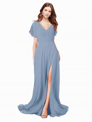 Chiffon Bridesmaid Dress / Prom Dress with Flutter Sleeves and Front Slit Brisbane