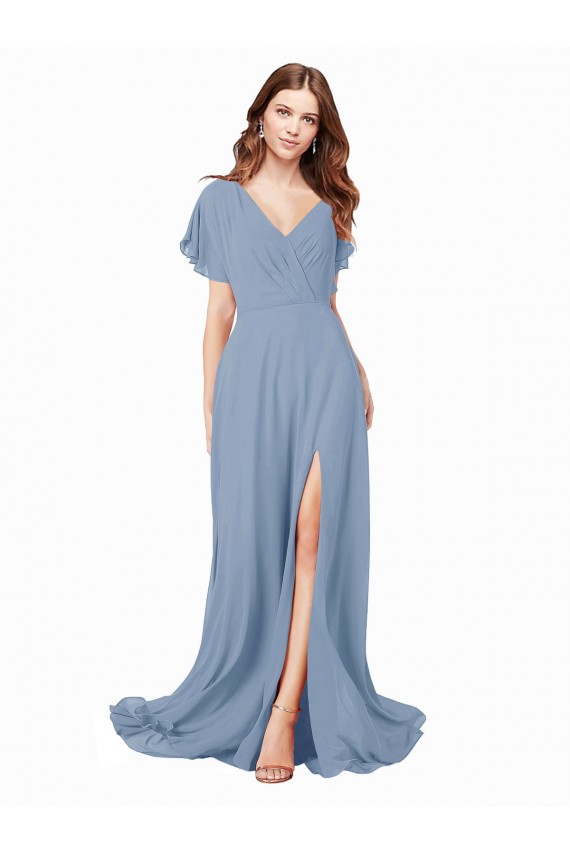 Chiffon Bridesmaid Dress / Prom Dress with Flutter Sleeves and Front Slit Brisbane