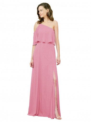 Sleeved One Shoulder Chiffon Bridesmaids Dress with Draped Ruffle Overlay Brisbane