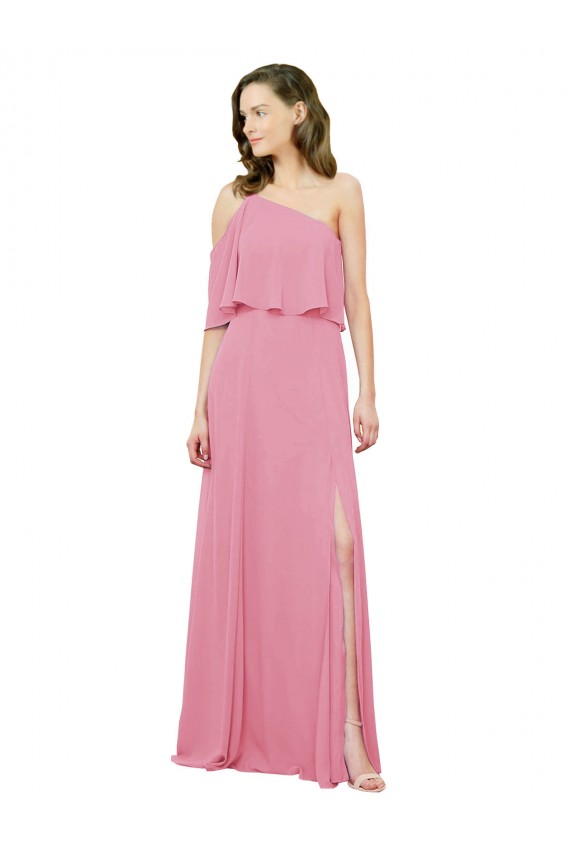 Sleeved One Shoulder Chiffon Bridesmaids Dress with Draped Ruffle Overlay Brisbane