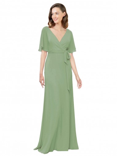 Chiffon V-Neckline Wrap Bridesmaids Dress With Double Flutter Sleeve Brisbane