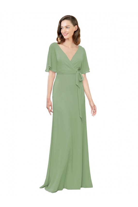 Chiffon V-Neckline Wrap Bridesmaids Dress With Double Flutter Sleeve Brisbane
