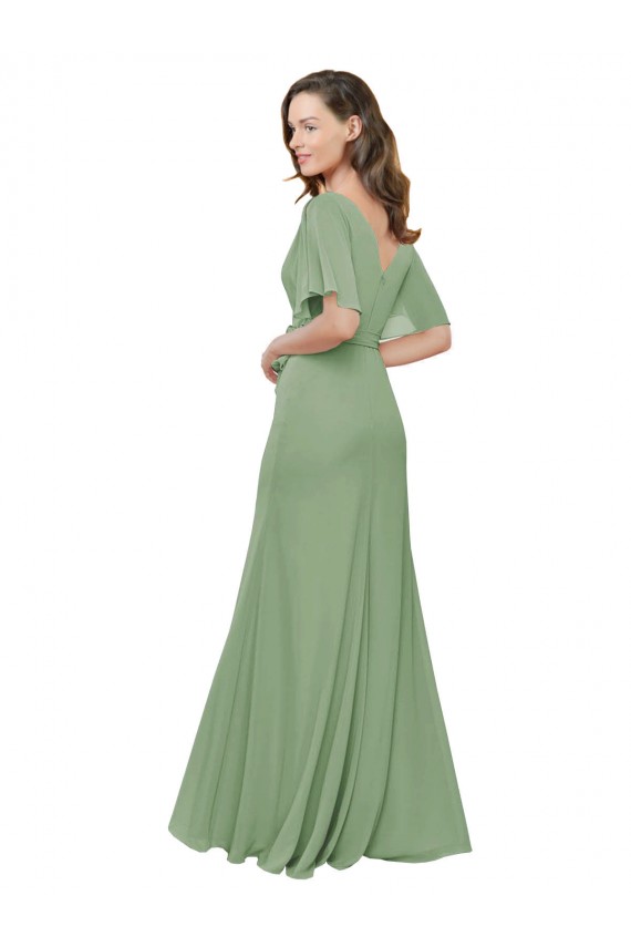 Chiffon V-Neckline Wrap Bridesmaids Dress With Double Flutter Sleeve Brisbane