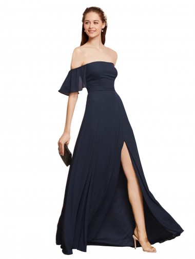 Off the Shoulder Floaty Sleeves Chiffon Bridesmaid Dress / Prom Dress with High Slit Brisbane