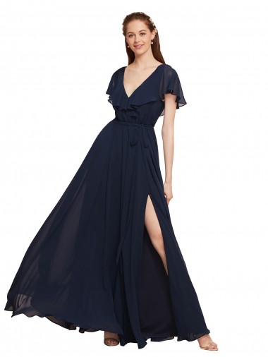 Long V-Neck Chiffon Bridesmaid Dress with Slit and V-Back Brisbane