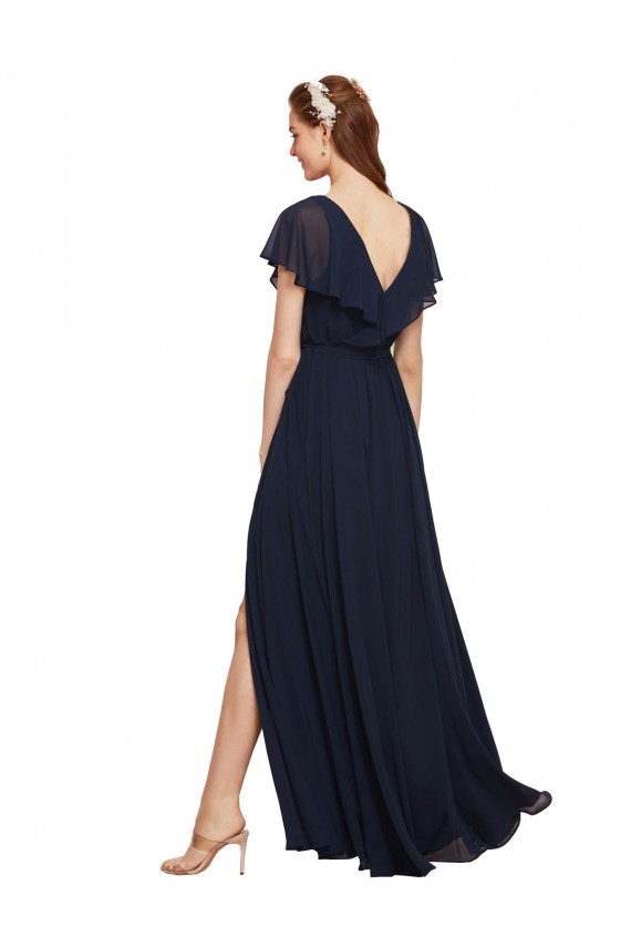 Long V-Neck Chiffon Bridesmaid Dress with Slit and V-Back Brisbane