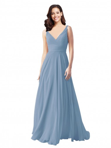 Long Chiffon V-Neck and Self Sash Bridesmaid Dress with Shirred Criss Cross Bodice Brisbane