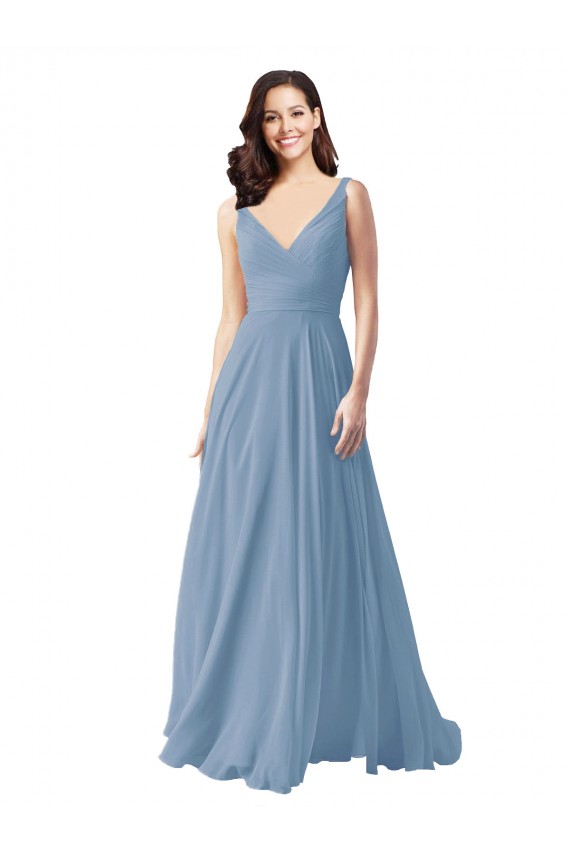 Long Chiffon V-Neck and Self Sash Bridesmaid Dress with Shirred Criss Cross Bodice Brisbane