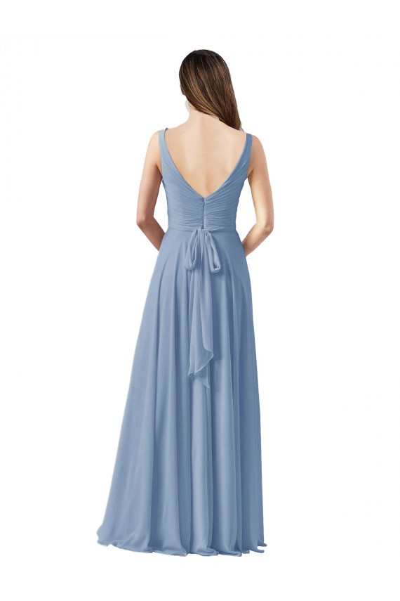 Long Chiffon V-Neck and Self Sash Bridesmaid Dress with Shirred Criss Cross Bodice Brisbane
