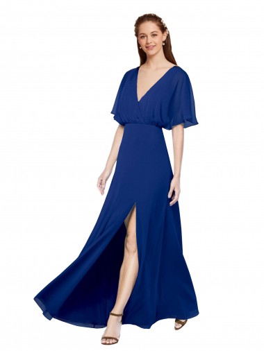 V-Neck Long Chiffon Bridesmaid Dress with Dolman Sleeved Bodice and Slit Brisbane