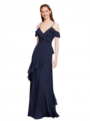 Cascading Ruffles Long Chiffon Bridesmaid Dress with Cold Shoulder Brisbane