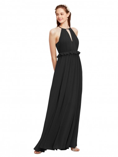 Halter Neck Front Keyhole Chiffon Bridesmaid Dress with Shirred Waist Brisbane