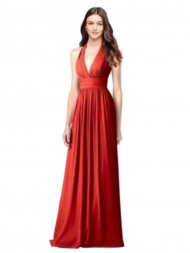 Halter V-Neck A-Line Chiffon Bridesmaid Dress with Shirred Skirt Brisbane