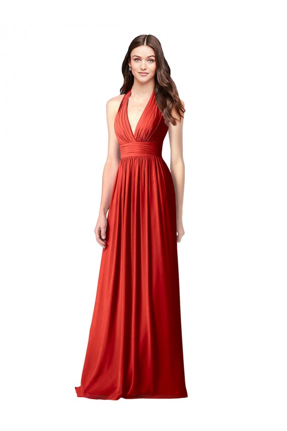Halter V-Neck A-Line Chiffon Bridesmaid Dress with Shirred Skirt Brisbane