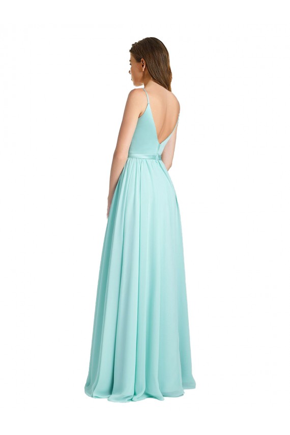 Long V-Neck Chiffon Bridesmaid Dress with Satin Bodice Brisbane