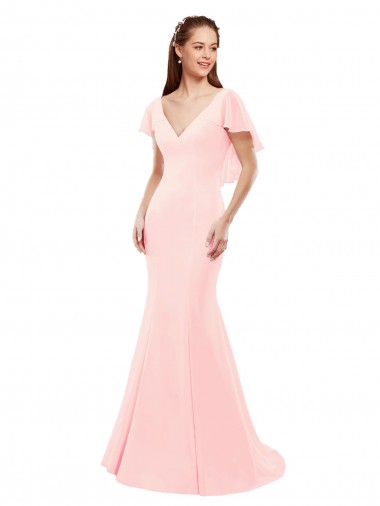 Fit and Flare Chiffon Bridesmaid Dress with V-Neck and Flutter Sleeves Brisbane