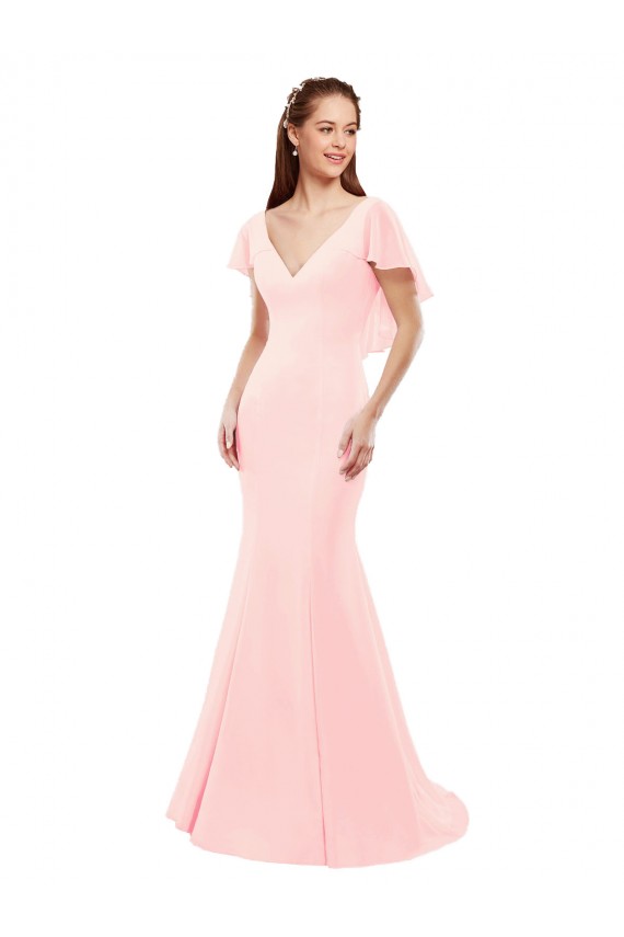 Fit and Flare Chiffon Bridesmaid Dress with V-Neck and Flutter Sleeves Brisbane