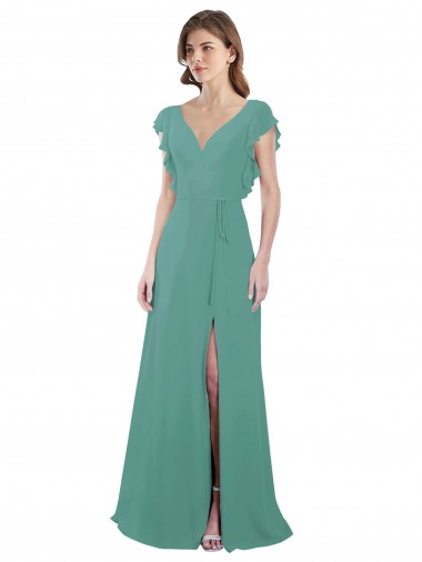 Full Length Chiffon Bridesmaid Dress with Ruffled Cap Sleeves and Side Slit Brisbane