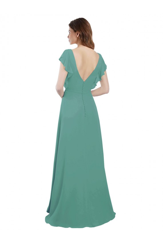 Full Length Chiffon Bridesmaid Dress with Ruffled Cap Sleeves and Side Slit Brisbane