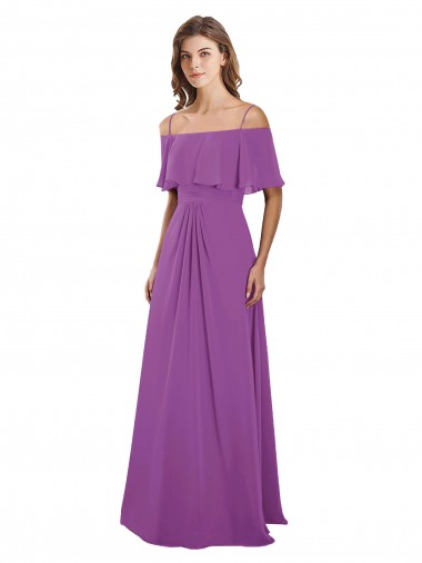 Draped Off The Shoulder Chiffon Bridesmaid Dress with Spaghetti Straps and Ruffled Neckline Brisbane