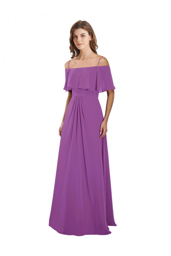 Draped Off The Shoulder Chiffon Bridesmaid Dress with Spaghetti Straps and Ruffled Neckline Brisbane