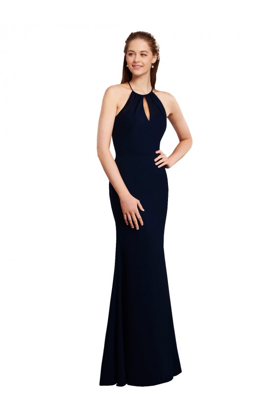 Fluted Long Chiffon Bridesmaid Dress with Halter Neckline and Keyhole Brisbane
